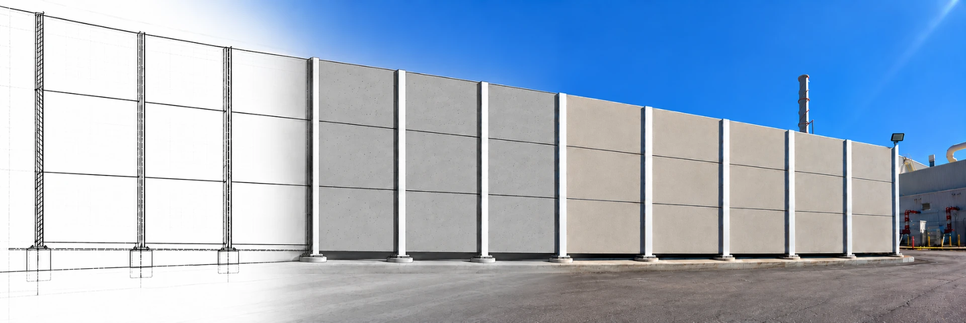 An Infinity Wall transitioning from an engineering drawing into finished, installed concrete panels